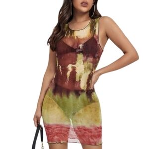 SHEIN Mesh Retro Y2K Sheer Swim Cover Multicolor Sleeveless Mini Dress